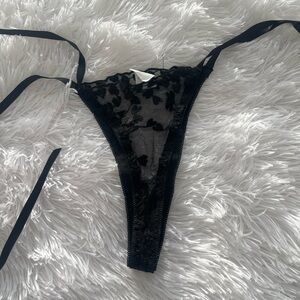 Black Lace Thong with Ribbon Ties